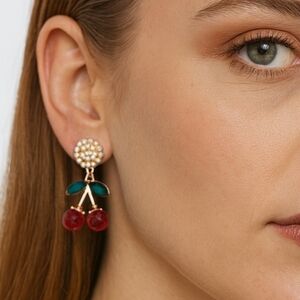 Mint‎ Cherry Faux Pearl Stud Rhinestone Gold Dangle Earrings NEW